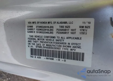 2011 Honda Odyssey Ex z USA, uszkodzony, nr VIN 5FNRL5H46BB026965